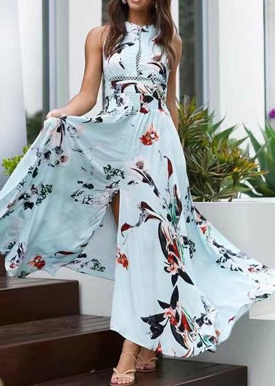 Vestido Longo Estampado Aberto nas Costas com Fenda