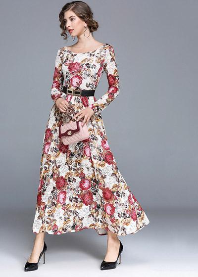 Vestido Longo Renda Floral com Cinto