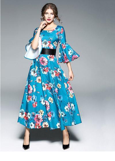 Vestido Longo Manga Flare Estampado