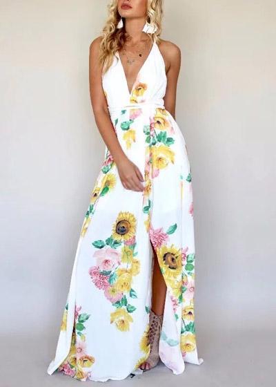 Vestido Longo Florido Fenda Cruzado Nas Costas
