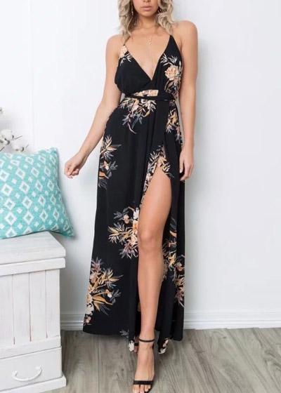 Vestido Longo Floral Fundo Preto