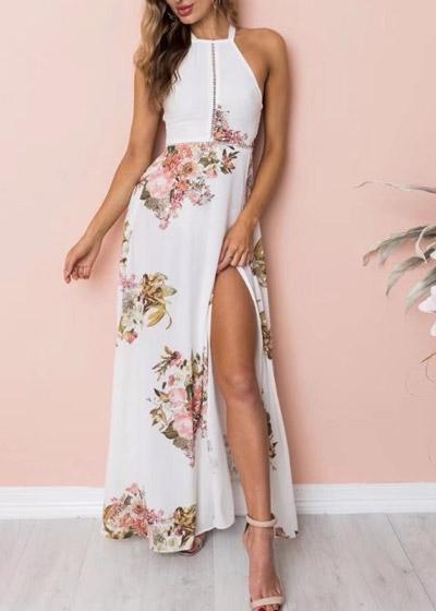Vestido Longo Floral Fundo Branco com Fenda