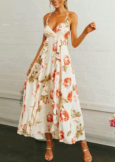 Vestido Longo Estampado com Babado