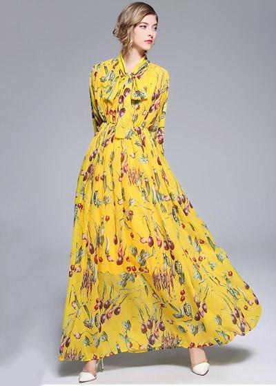 Vestido Longo Evasê Estampado Laço na Gola