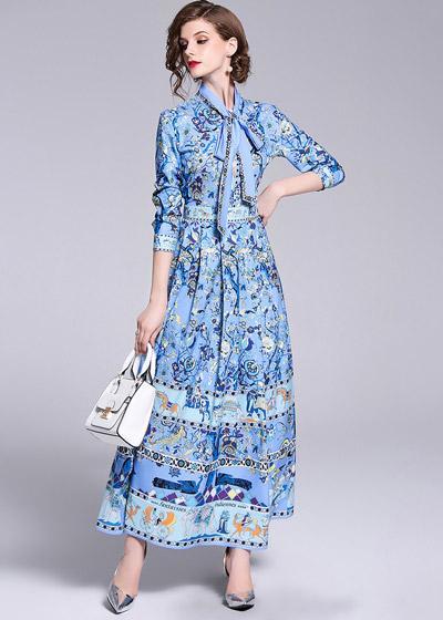 Vestido Longo Evasê Estampado Gola Laço
