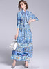 Vestido Longo Evasê Estampado Gola Laço