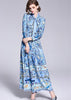Vestido Longo Evasê Estampado Gola Laço