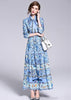 Vestido Longo Evasê Estampado Gola Laço