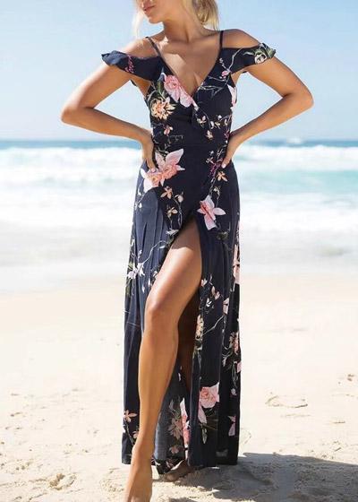 Vestido Longo Florido Ombro Vazado Babado
