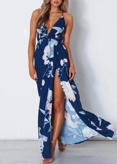 Vestido Longo Estampado Fenda Amarrado na Cintura