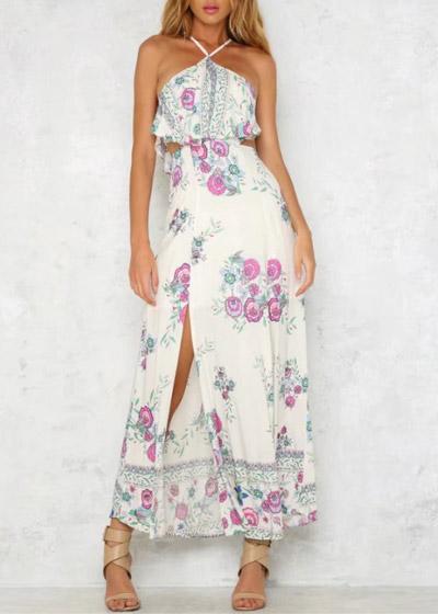 Vestido Longo Florido com Decote Halter Neck