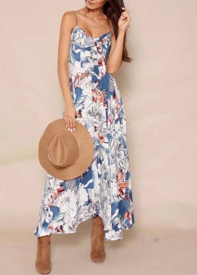 Vestido Longo Estampado com Amarração no Decote