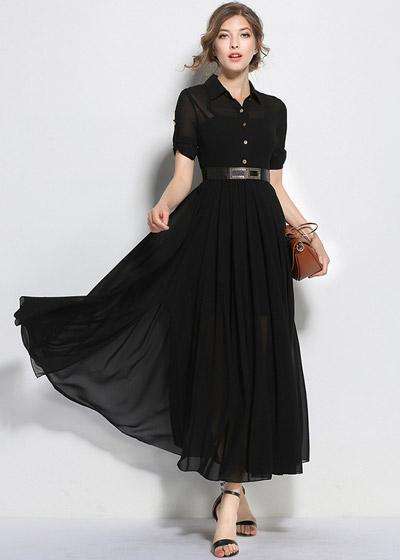 Vestido Longo Preto Simples com Cinto