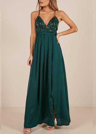 Vestido Longo de Festa Verde Escuro com Paete