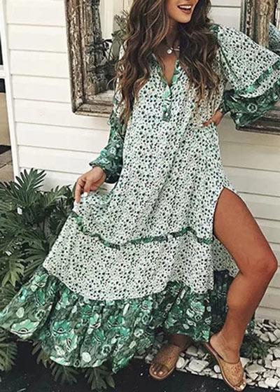 Vestido Longo Estampado com Manga Estilo Boho