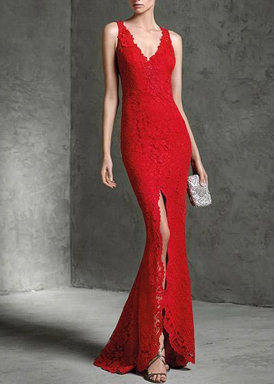 Vestido Longo Sereia Renda Vermelho com Fenda
