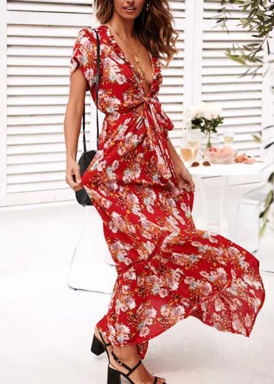Vestido Longo Estampado com Amarração no Decote