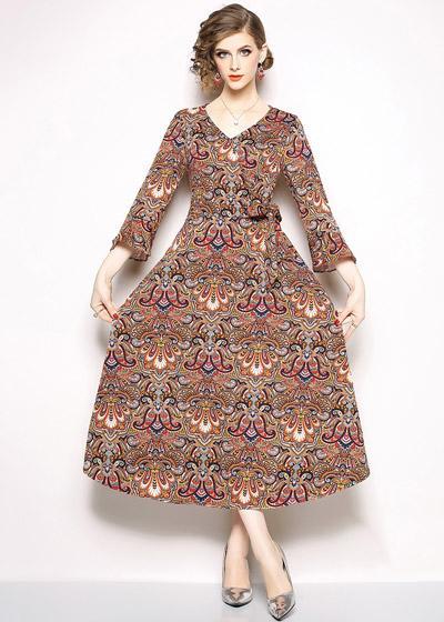 Vestido Longo Manga Flare 3/4 Estampado