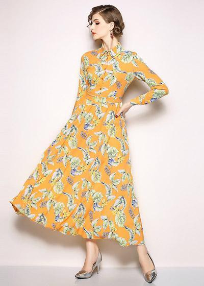 Vestido Longo Evasê Estampado Manga Longa