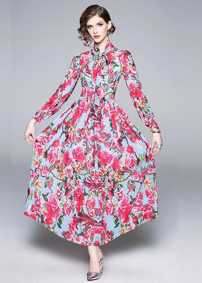 Vestido Evasê Longo Estampado Laço na Gola