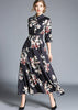 Vestido Longo Evasê Estampado Fundo Preto