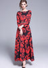 Vestido Longo Evasê Estampado Preto e Vermelho