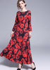 Vestido Longo Evasê Estampado Preto e Vermelho