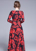 Vestido Longo Evasê Estampado Preto e Vermelho