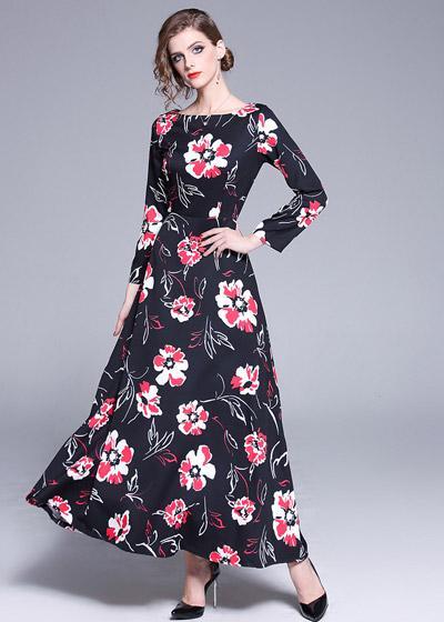 Vestido Longo Manga Longa Estampado Casual