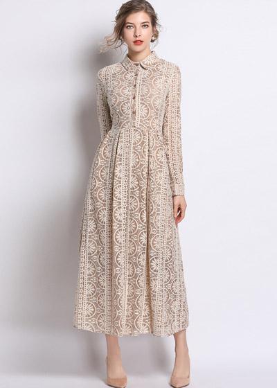 Vestido Renda Guipir Midi Manga Longa para Festa