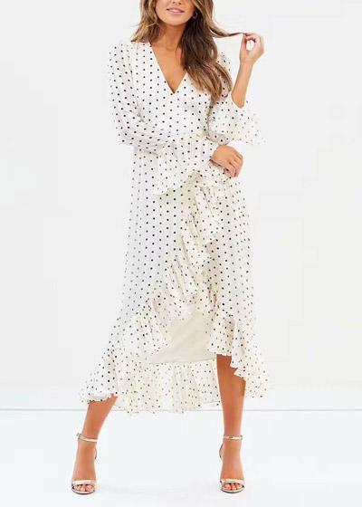 Vestido Poá Longo Transpassado Babado Manga Longa
