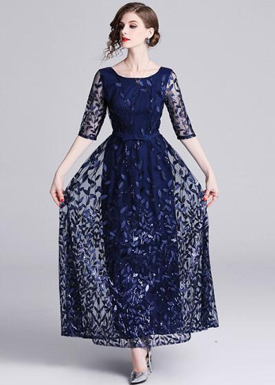 Vestido Longo Tule Bordado Meia Manga