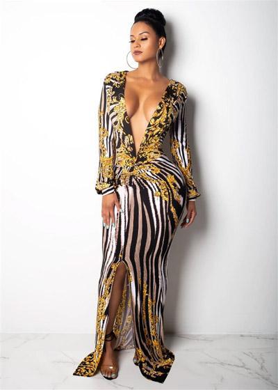 Vestido Longo Estampado Decotado Manga Longa