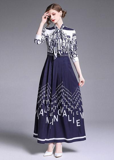 Vestido Longo Estampado com Manga Gola Laço