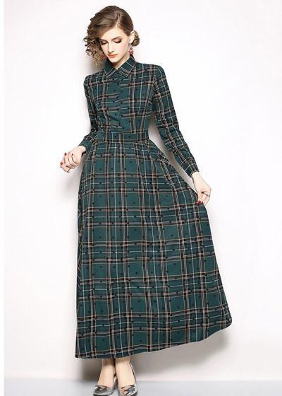 Vestido Longo Estampado Xadrez Manga Longa