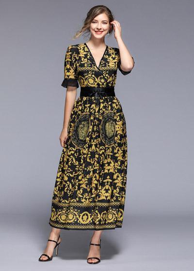 Vestido Longo Acinturado Estampado