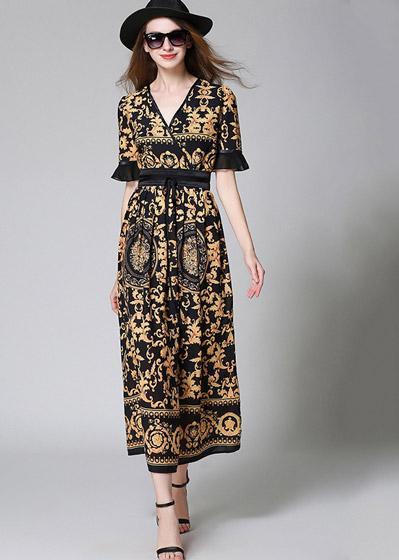 Vestido Longo Acinturado Estampado Manga Curta