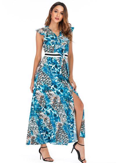 Vestido Longo com Fenda e Babado Estampado