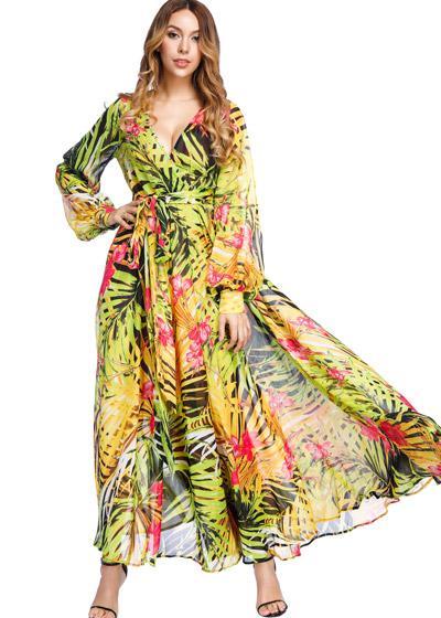 Vestido Esvoaçante Longo Estampado Floral com Manga