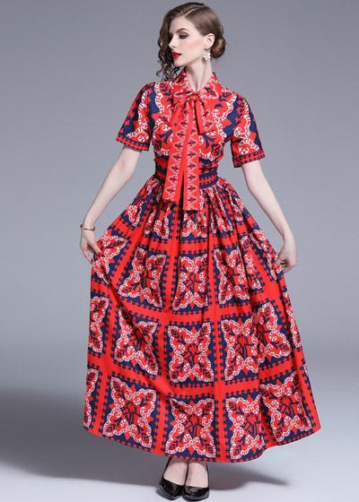 Vestido Evasê Longo Estampado Laço na Gola