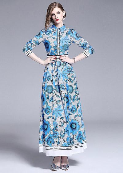 Vestido Longo Estampado Azul com Manga
