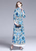 Vestido Longo Estampado Azul com Manga