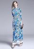 Vestido Longo Estampado Azul com Manga