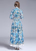 Vestido Longo Estampado Azul com Manga