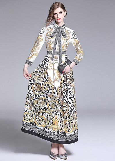 Vestido Evasê Longo Estampado Manga Longa Gola Laço