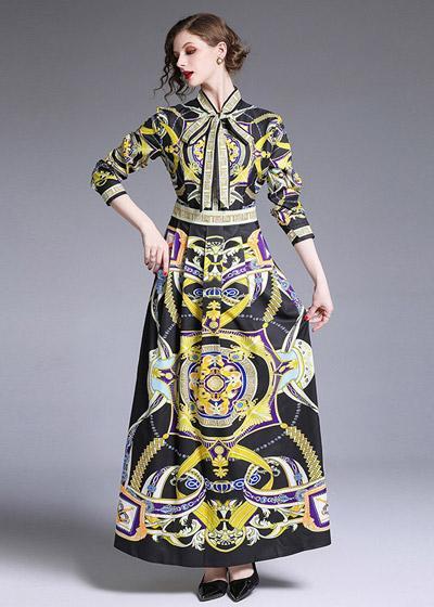 Vestido Longo Estampado Simples Gola Laço com Manga