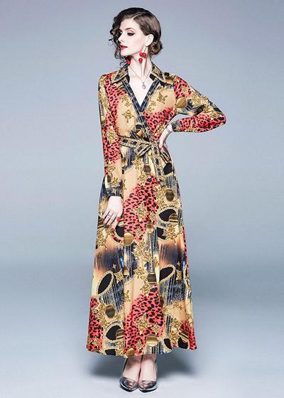 Vestido Longo Estampado Decote V Manga Longa