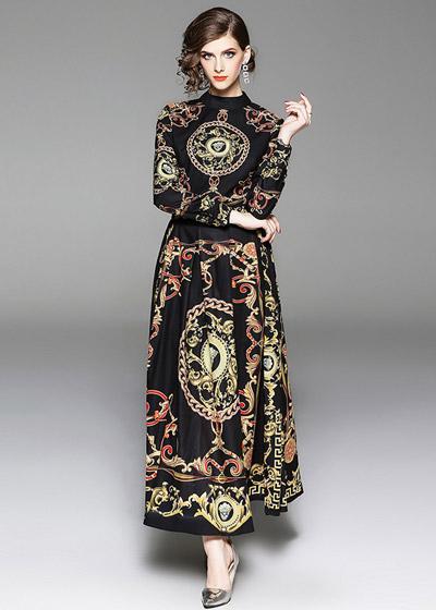 Vestido Longo Estampado com Manga Estilo Vintage