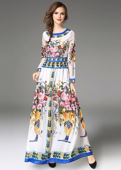 Vestido Longo Floral Fundo Branco com Manga