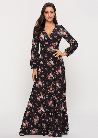 Vestido Longo Floral Fundo Preto Manga Longa